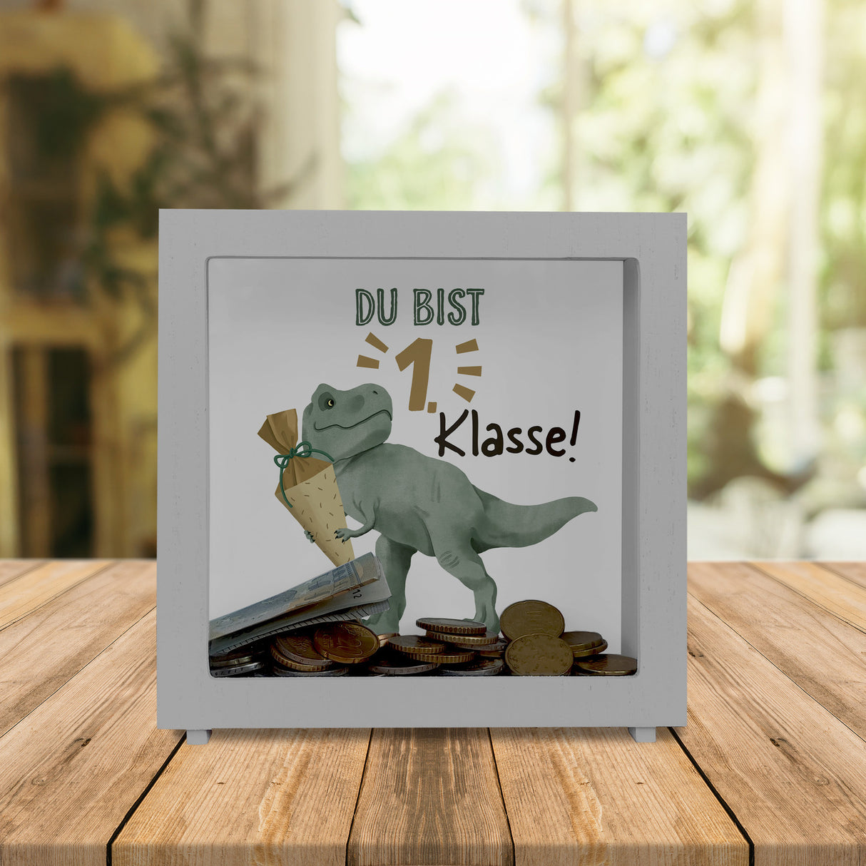 Dino mit Schultüte Spardose mit Spruch Du bist 1. Klasse!