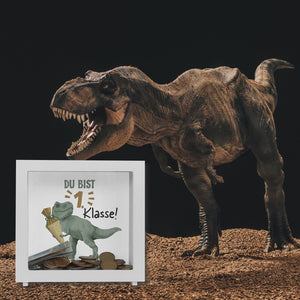 Dino mit Schultüte Spardose mit Spruch Du bist 1. Klasse!
