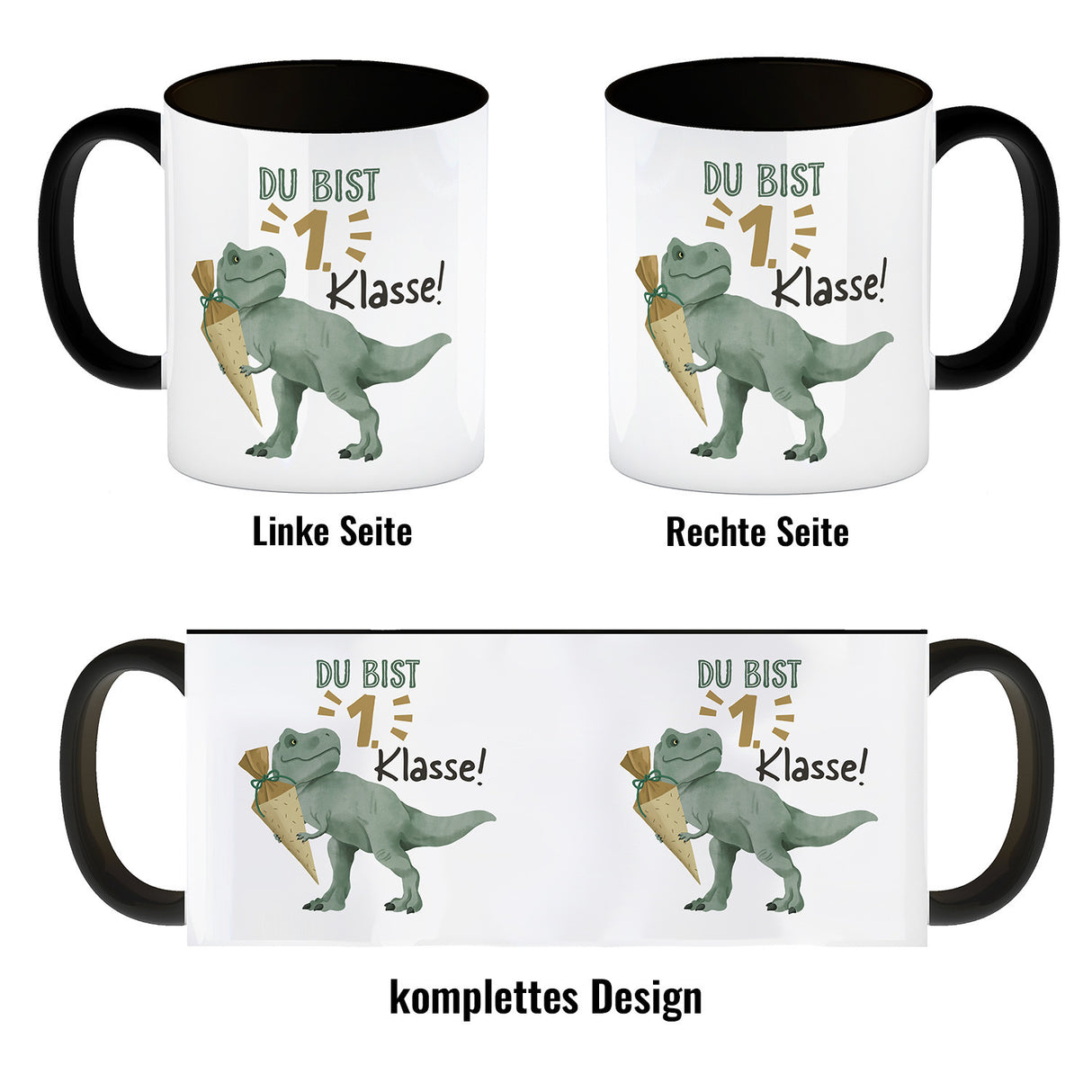 Dino mit Schultüte Kaffeebecher mit Spruch Du bist 1. Klasse!