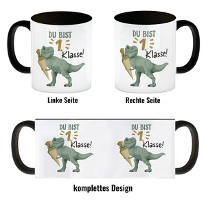 Dino mit Schultüte Kaffeebecher mit Spruch Du bist 1. Klasse!