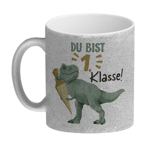 Dino mit Schultüte Kaffeebecher mit Spruch Du bist 1. Klasse!