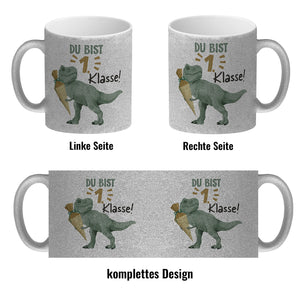 Dino mit Schultüte Kaffeebecher mit Spruch Du bist 1. Klasse!