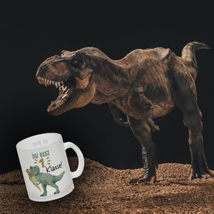 Dino mit Schultüte Kaffeebecher mit Spruch Du bist 1. Klasse!