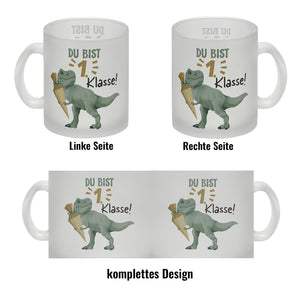Dino mit Schultüte Kaffeebecher mit Spruch Du bist 1. Klasse!