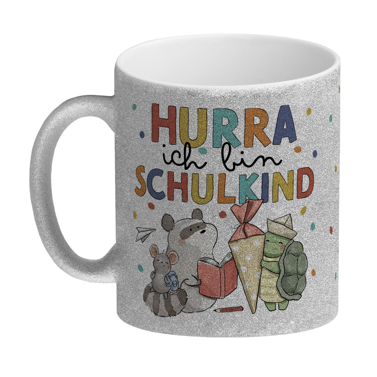 Tiere zur Einschulung Kaffeebecher mit Spruch Hurra ich bin Schulkind