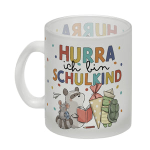 Tiere zur Einschulung Kaffeebecher mit Spruch Hurra ich bin Schulkind