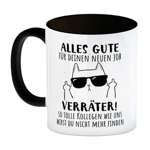 Katze mit Mittelfinger Kaffeebecher mit Spruch Viel Erfolg du Verräter