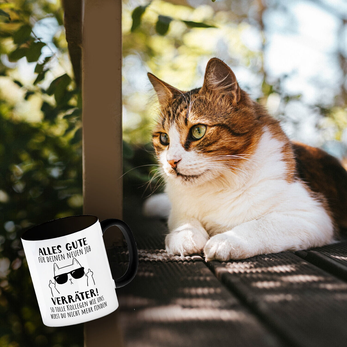 Katze mit Mittelfinger Kaffeebecher mit Spruch Viel Erfolg du Verräter