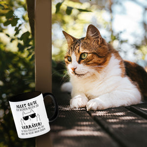 Katze mit Mittelfinger Kaffeebecher mit Spruch Viel Erfolg du Verräter