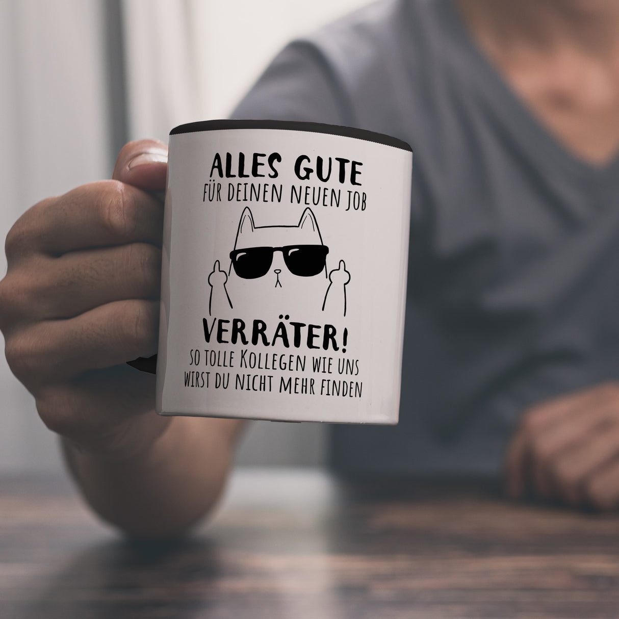 Katze mit Mittelfinger Kaffeebecher mit Spruch Viel Erfolg du Verräter