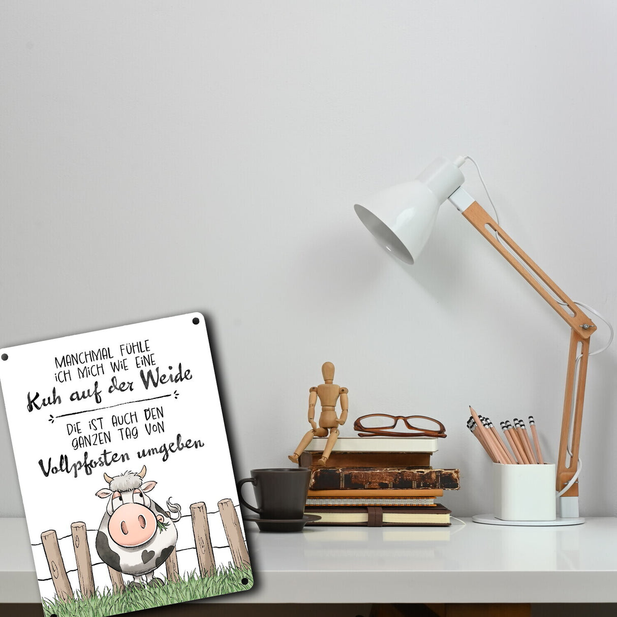 Kuh Metallschild in 15x20 cm mit Spruch Von Vollpfosten umgeben wie eine Kuh