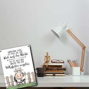 Kuh Metallschild in 15x20 cm mit Spruch Von Vollpfosten umgeben wie eine Kuh