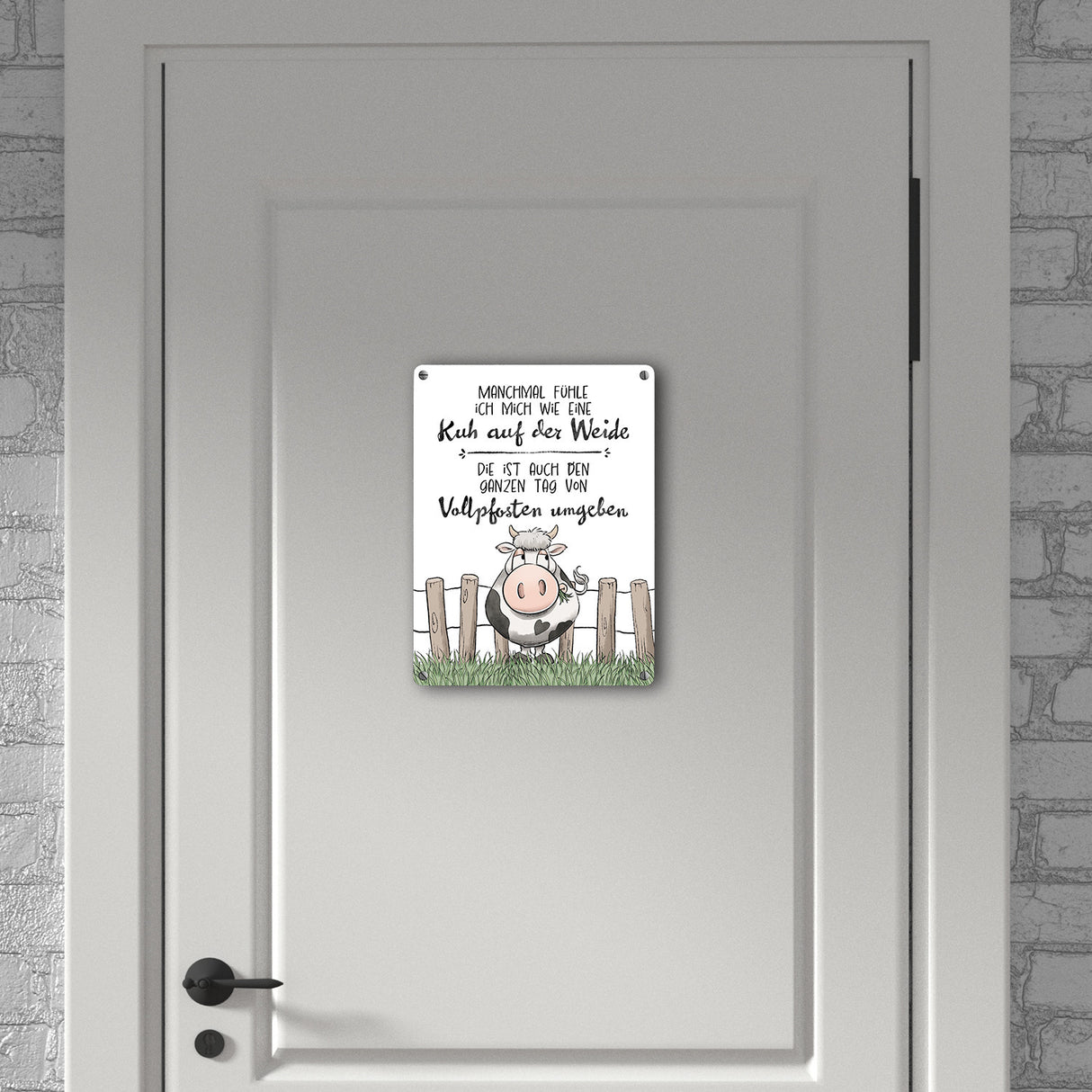 Kuh Metallschild in 15x20 cm mit Spruch Von Vollpfosten umgeben wie eine Kuh