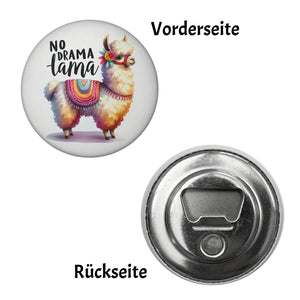 Alpaka mit bunter Satteldecke Magnet rund mit Spruch No Drama Lama