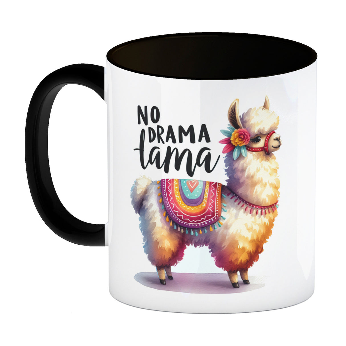 Alpaka mit bunter Satteldecke Kaffeebecher mit Spruch No Drama Lama