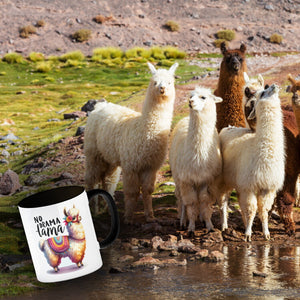 Alpaka mit bunter Satteldecke Kaffeebecher mit Spruch No Drama Lama