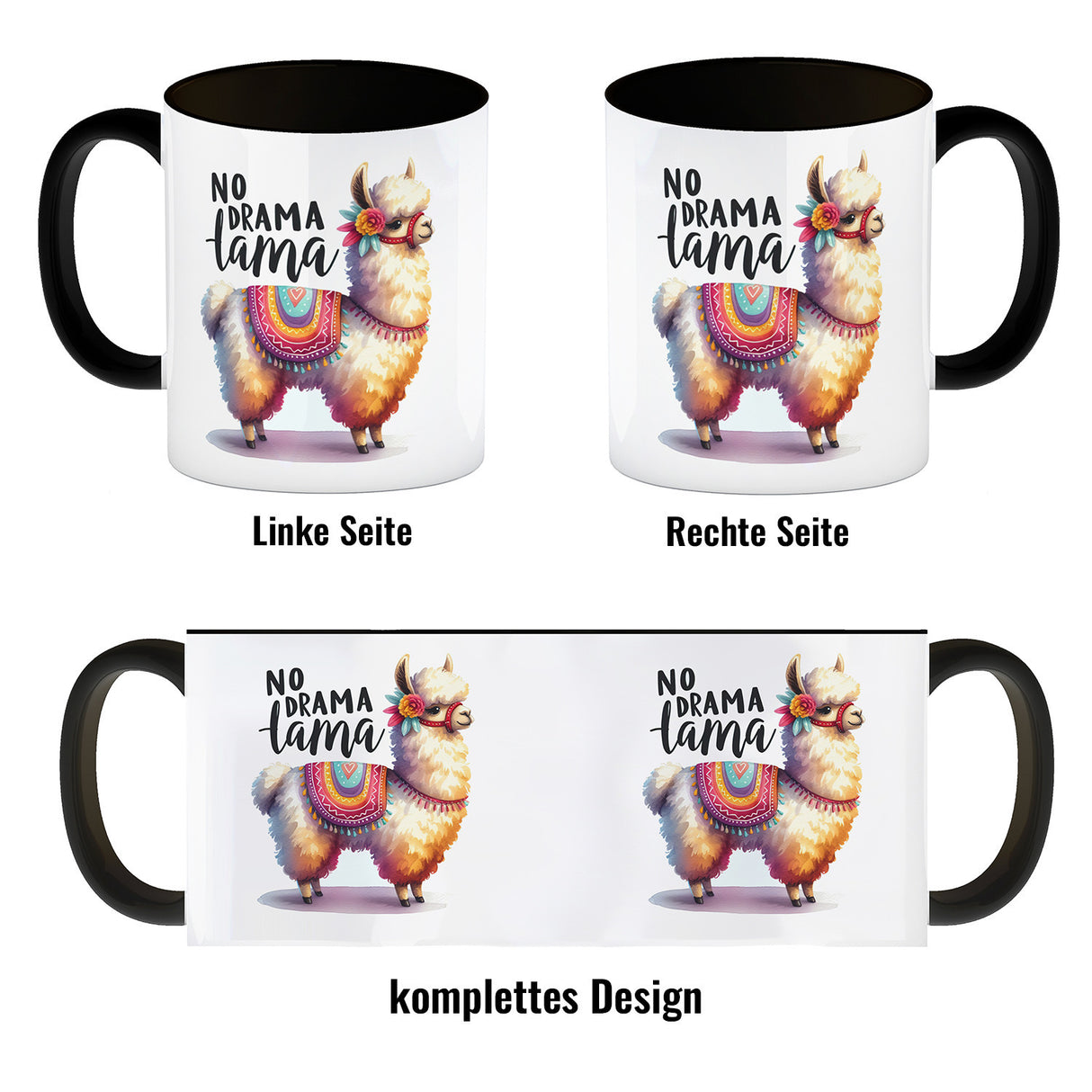 Alpaka mit bunter Satteldecke Kaffeebecher mit Spruch No Drama Lama