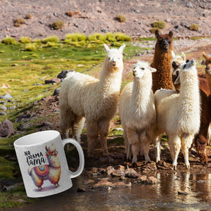 Alpaka mit bunter Satteldecke Kaffeebecher mit Spruch No Drama Lama