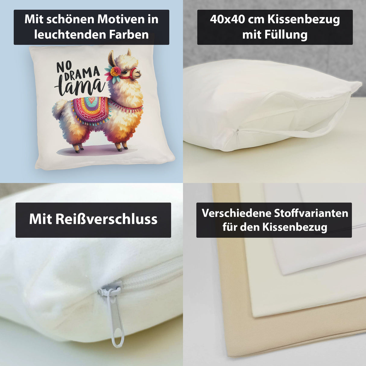 Alpaka mit bunter Satteldecke Kissen mit Spruch No Drama Lama