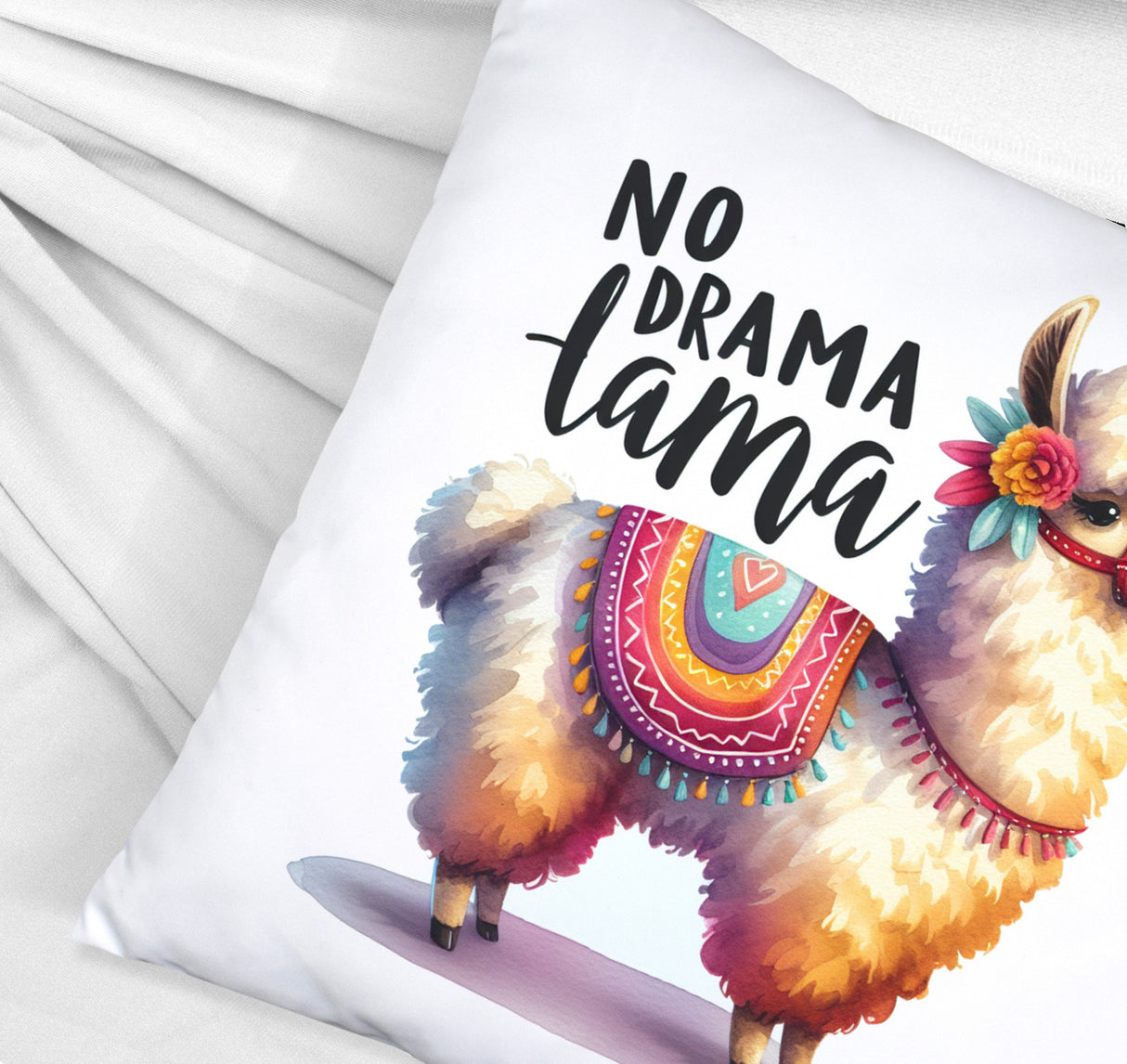 Alpaka mit bunter Satteldecke Kissen mit Spruch No Drama Lama