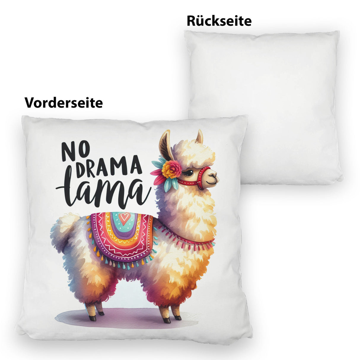 Alpaka mit bunter Satteldecke Kissen mit Spruch No Drama Lama
