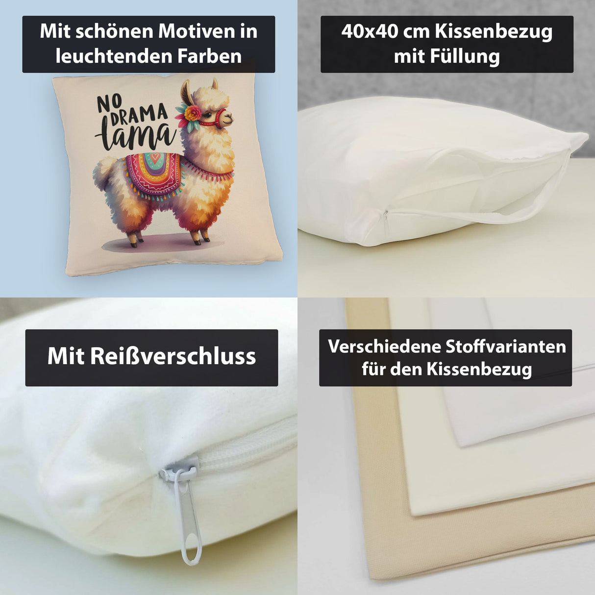 Alpaka mit bunter Satteldecke Kissen mit Spruch No Drama Lama