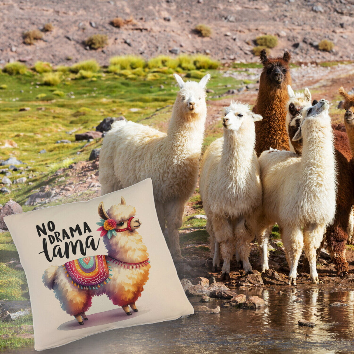 Alpaka mit bunter Satteldecke Kissen mit Spruch No Drama Lama