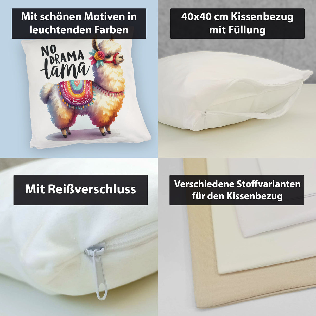 Alpaka mit bunter Satteldecke Kissen mit Spruch No Drama Lama