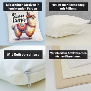 Alpaka mit bunter Satteldecke Kissen mit Spruch No Drama Lama