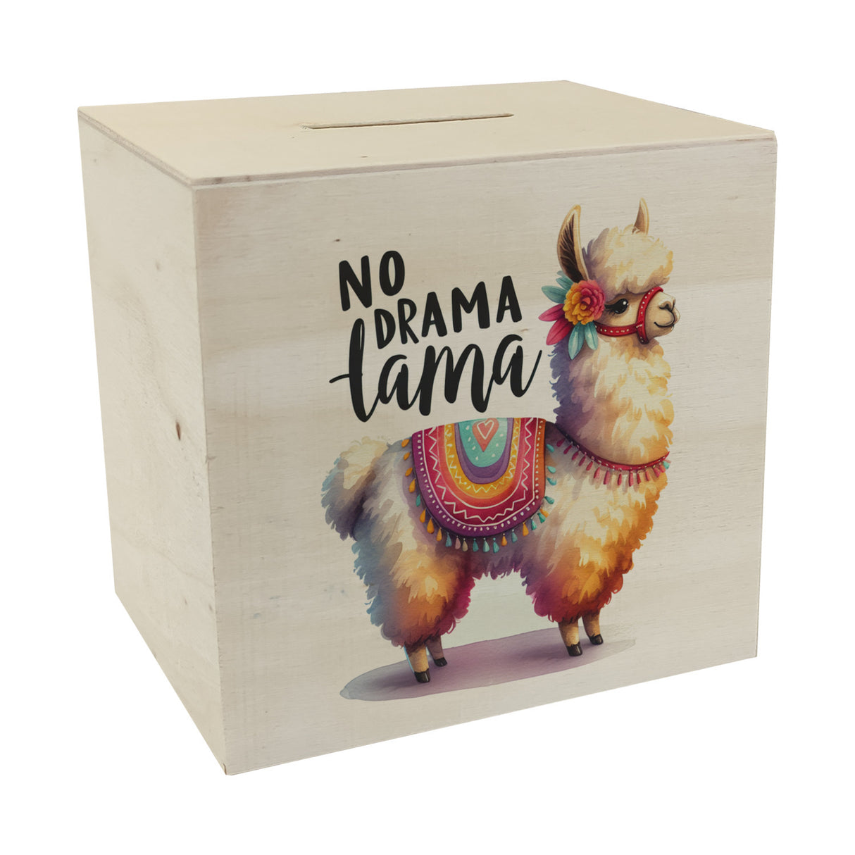 Alpaka mit bunter Satteldecke Spardose mit Spruch No Drama Lama