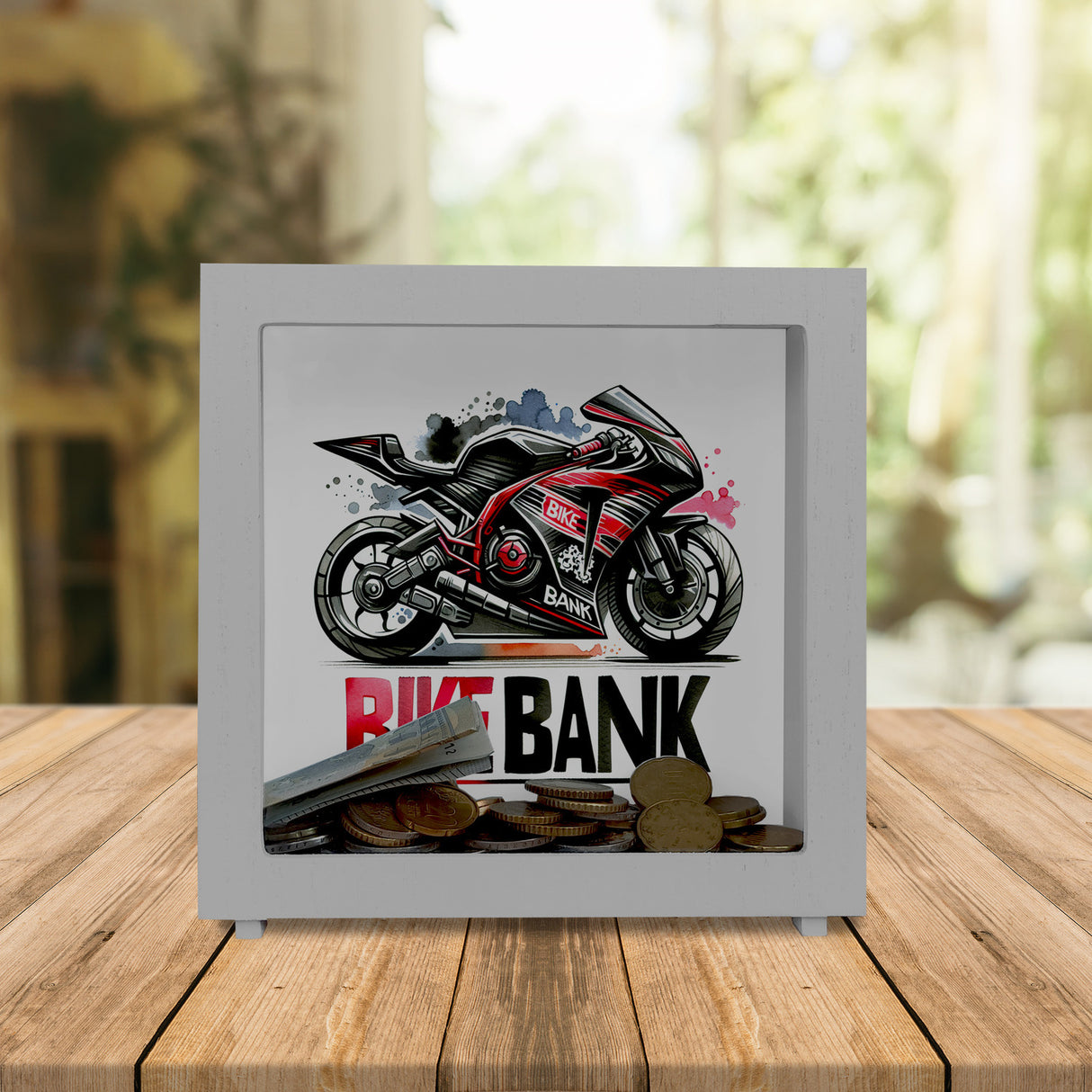 Rennmotorrad Spardose mit Spruch Bike Bank