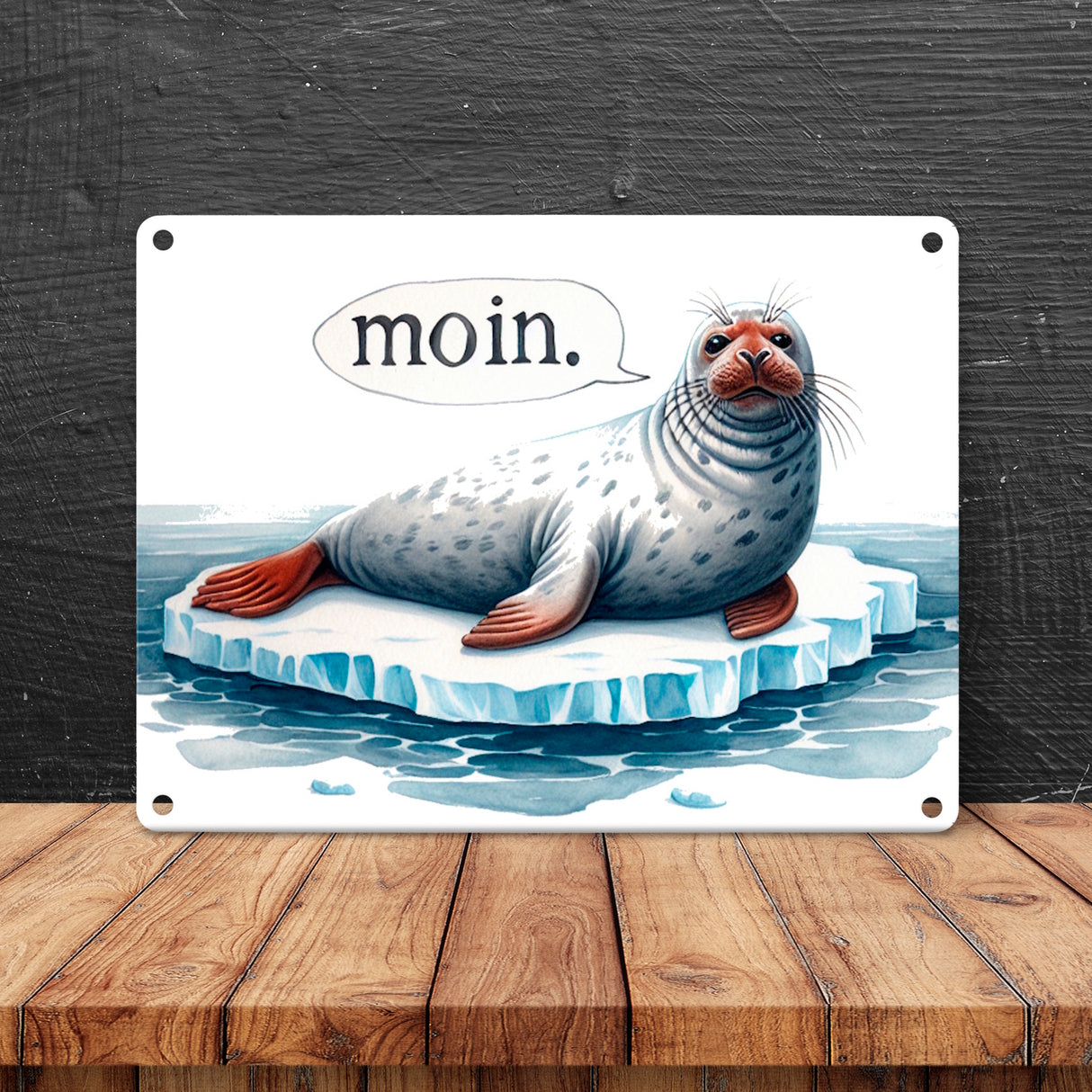 Robbe auf Eisscholle Metallschild in 15x20 cm mit Spruch Moin
