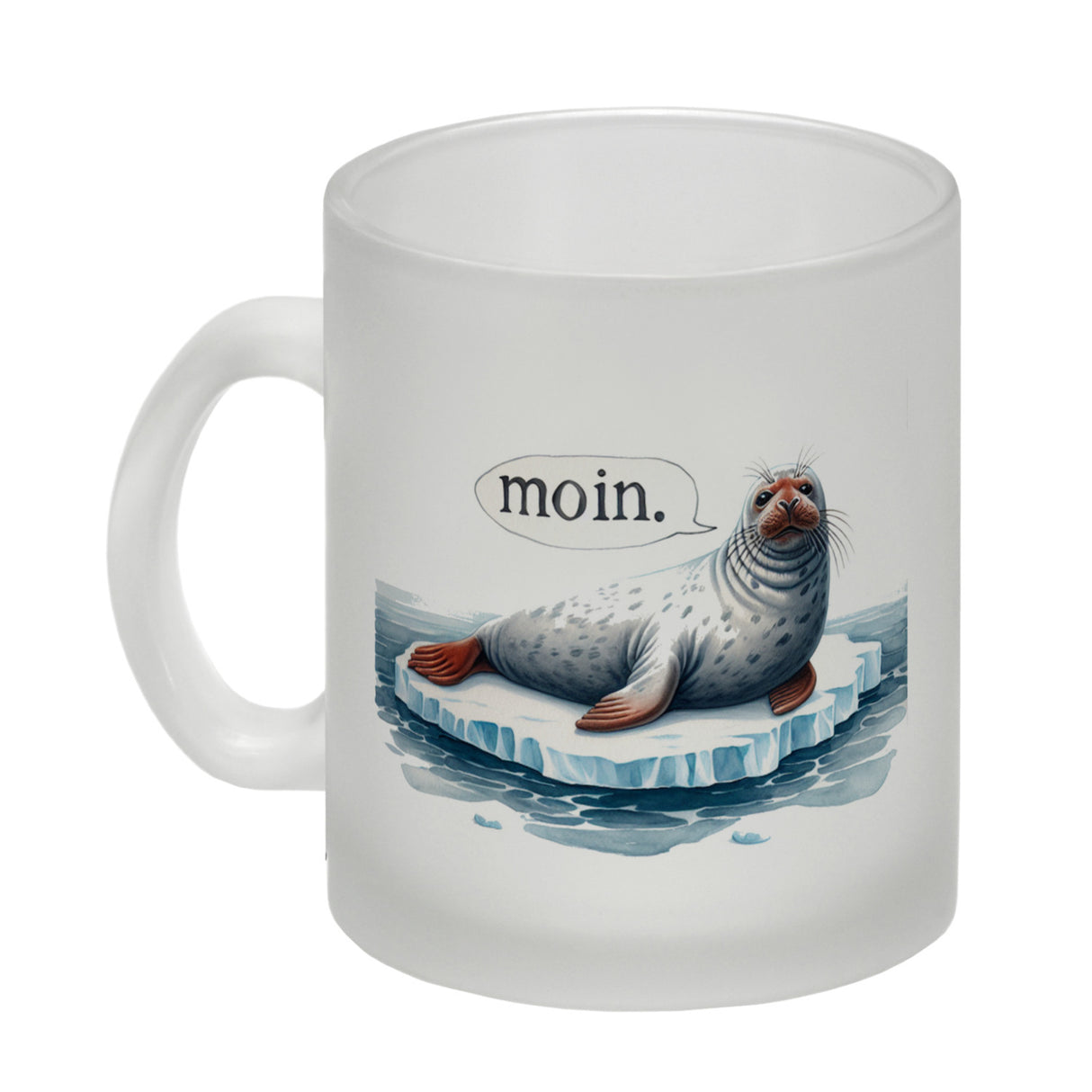Robbe auf Eisscholle Kaffeebecher mit Spruch Moin