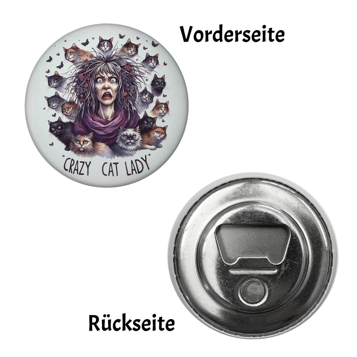Katzenfrau Magnet rund mit Spruch Crazy Cat Lady