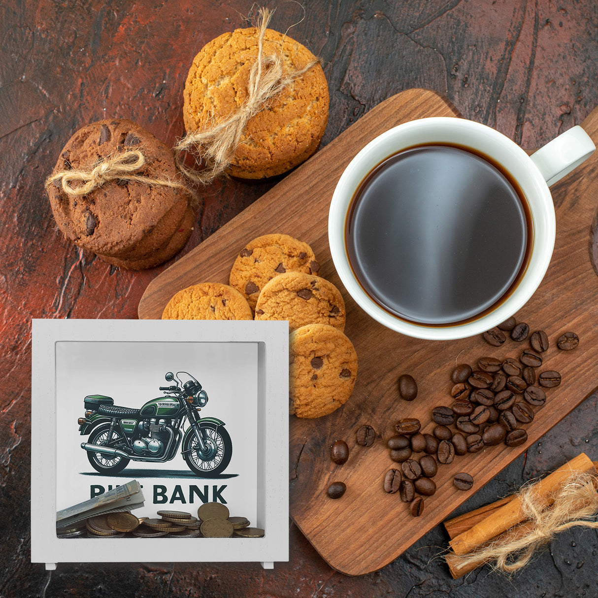 Retro Touring Motorrad Spardose mit Spruch Bike Bank