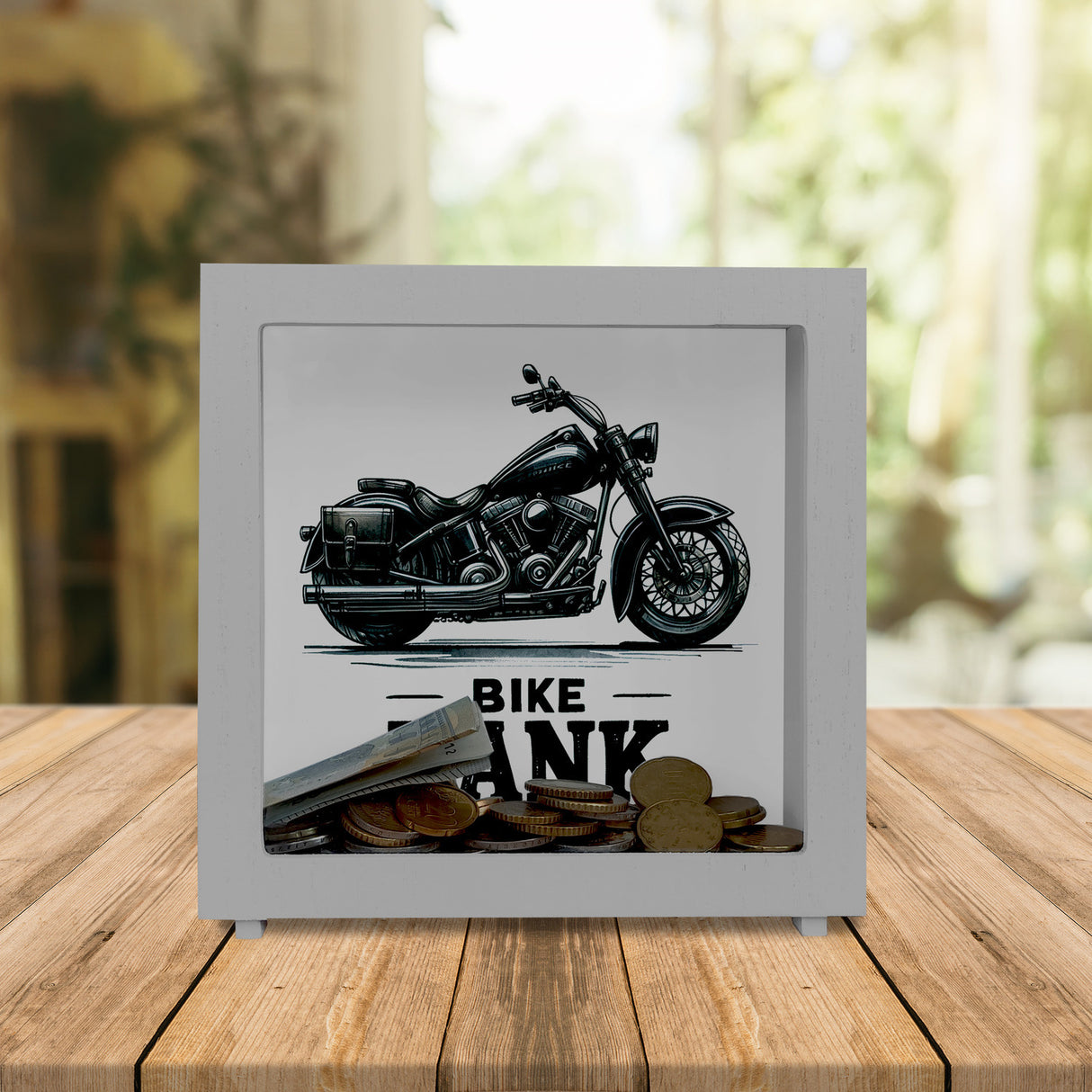 Cruiser Motorrad Spardose mit Spruch Bike Bank