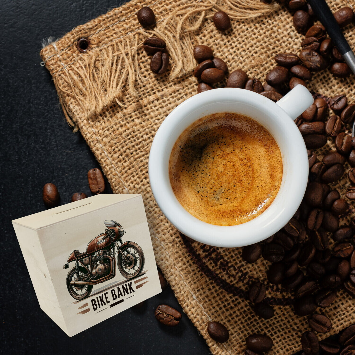 Cafe Racer Motorrad Spardose mit Spruch Bike Bank