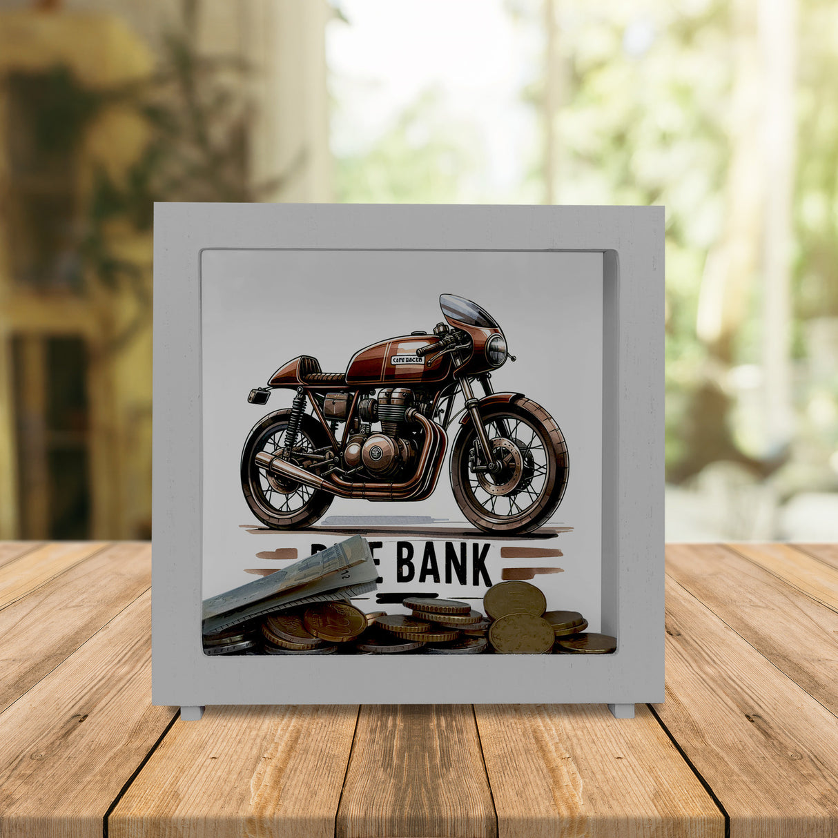 Cafe Racer Motorrad Spardose mit Spruch Bike Bank