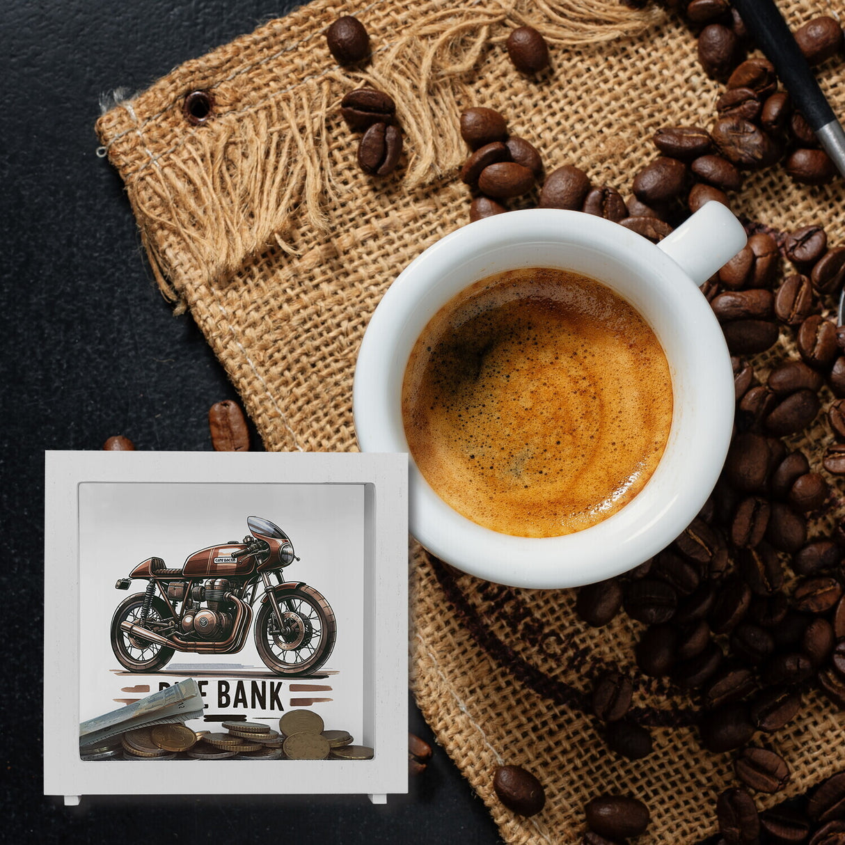 Cafe Racer Motorrad Spardose mit Spruch Bike Bank