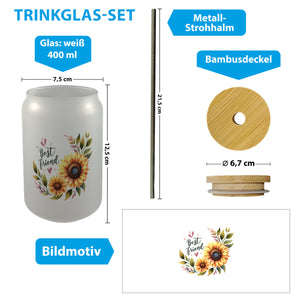 Beste Freundin Sonnenblume Trinkglas mit Bambusdeckel mit Spruch Best friend