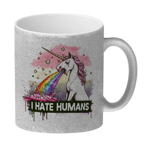Einhorn kotzt Regenbogen Kaffeebecher mit Spruch I hate Humans