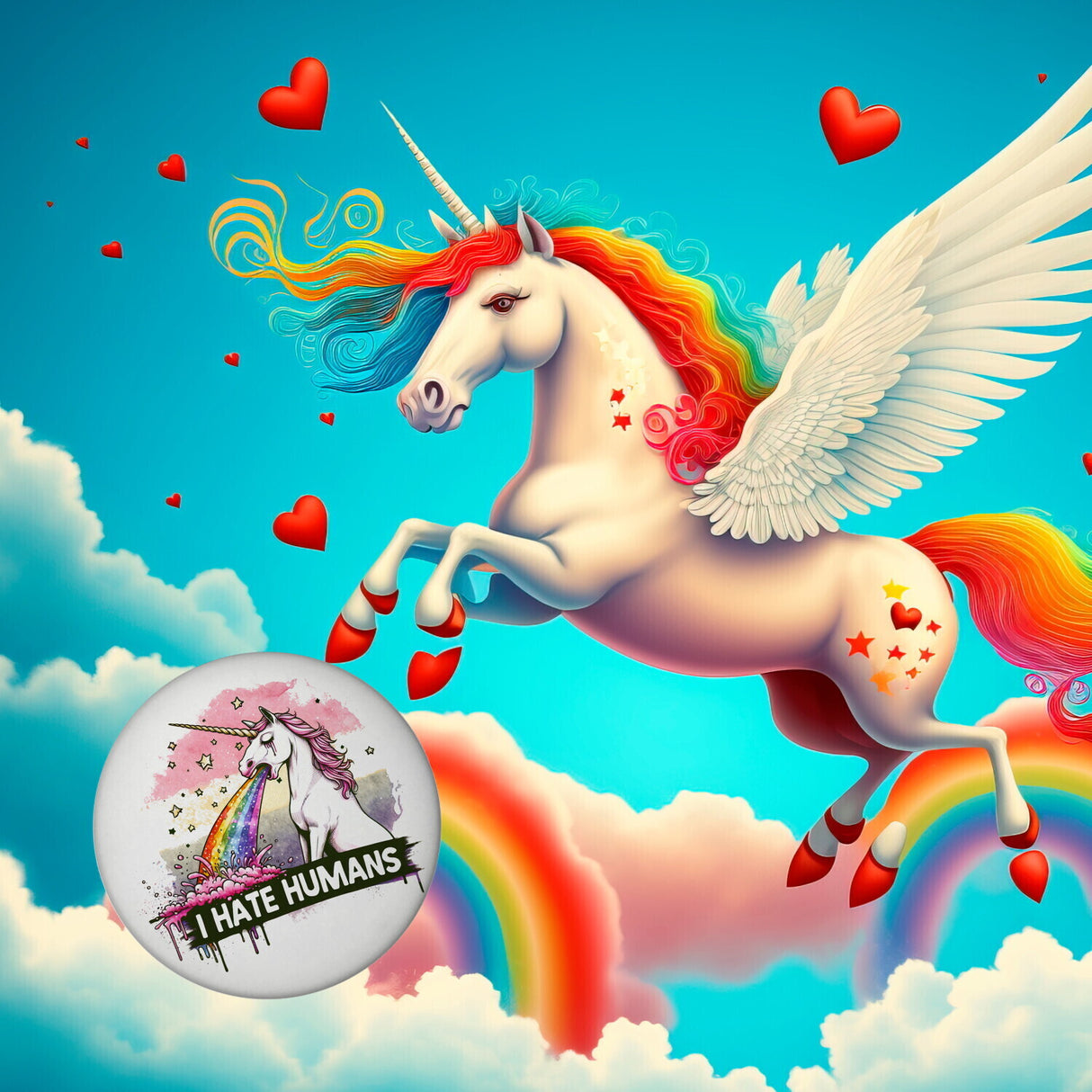 Einhorn kotzt Regenbogen Magnet rund mit Spruch I hate Humans