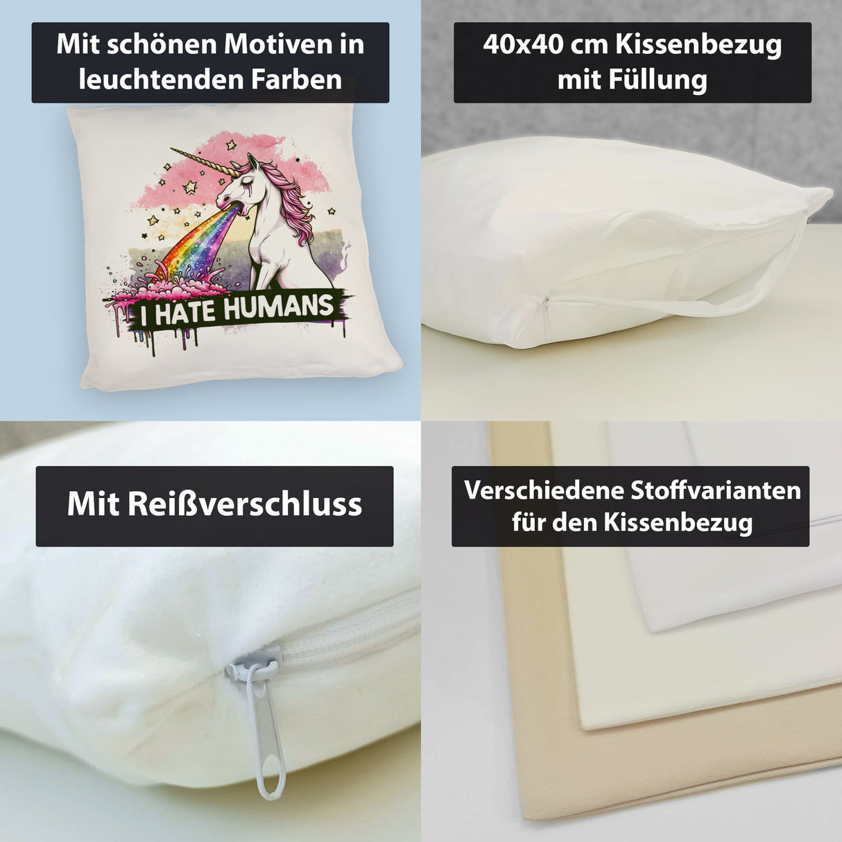 Einhorn kotzt Regenbogen Kissen mit Spruch I hate Humans