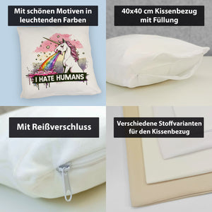 Einhorn kotzt Regenbogen Kissen mit Spruch I hate Humans