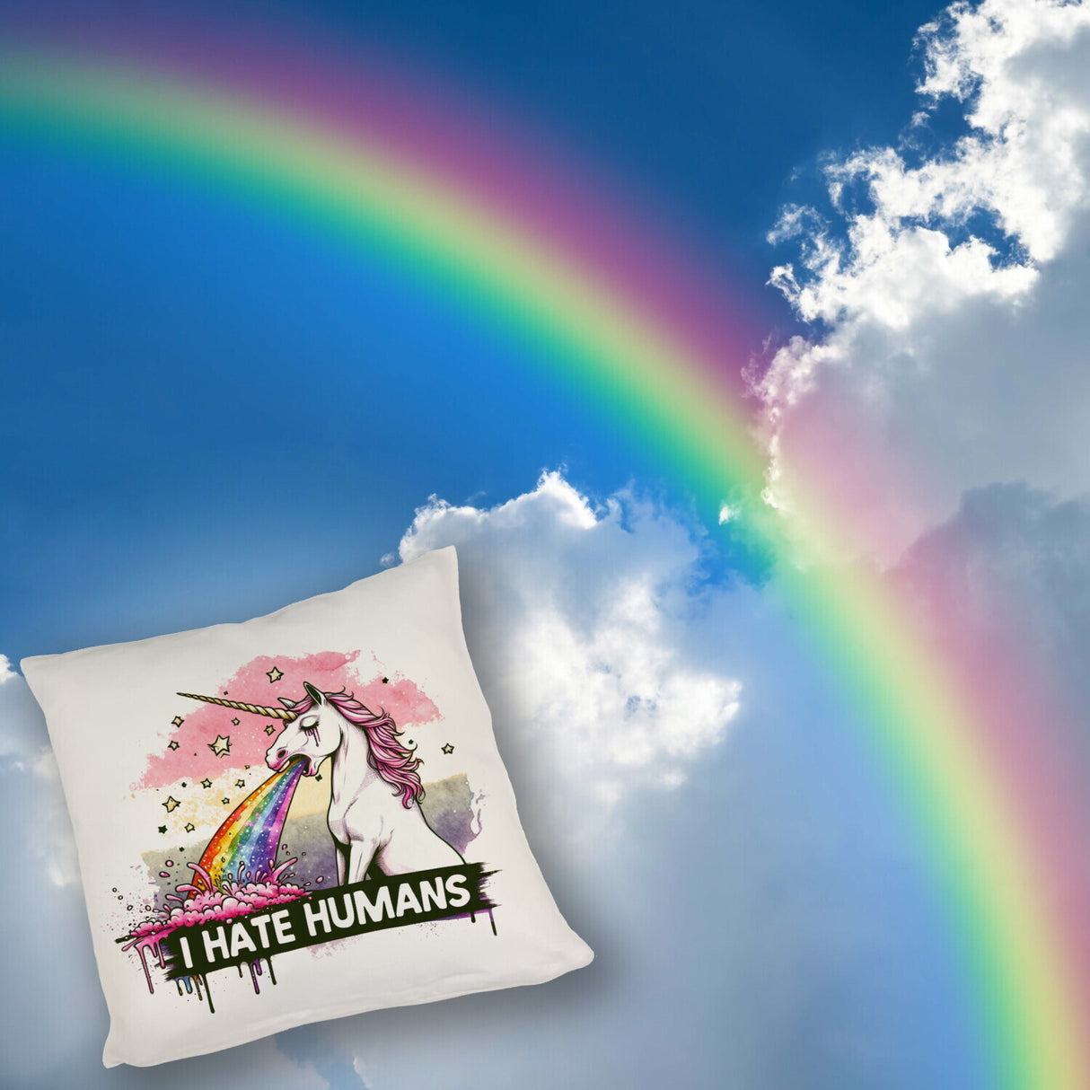 Einhorn kotzt Regenbogen Kissen mit Spruch I hate Humans