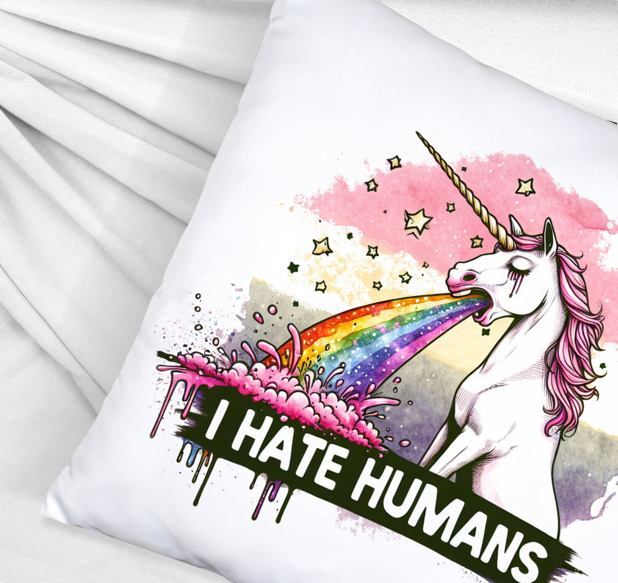 Einhorn kotzt Regenbogen Kissen mit Spruch I hate Humans