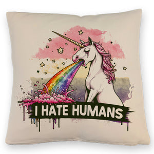 Einhorn kotzt Regenbogen Kissen mit Spruch I hate Humans