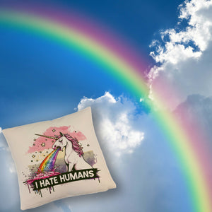 Einhorn kotzt Regenbogen Kissen mit Spruch I hate Humans