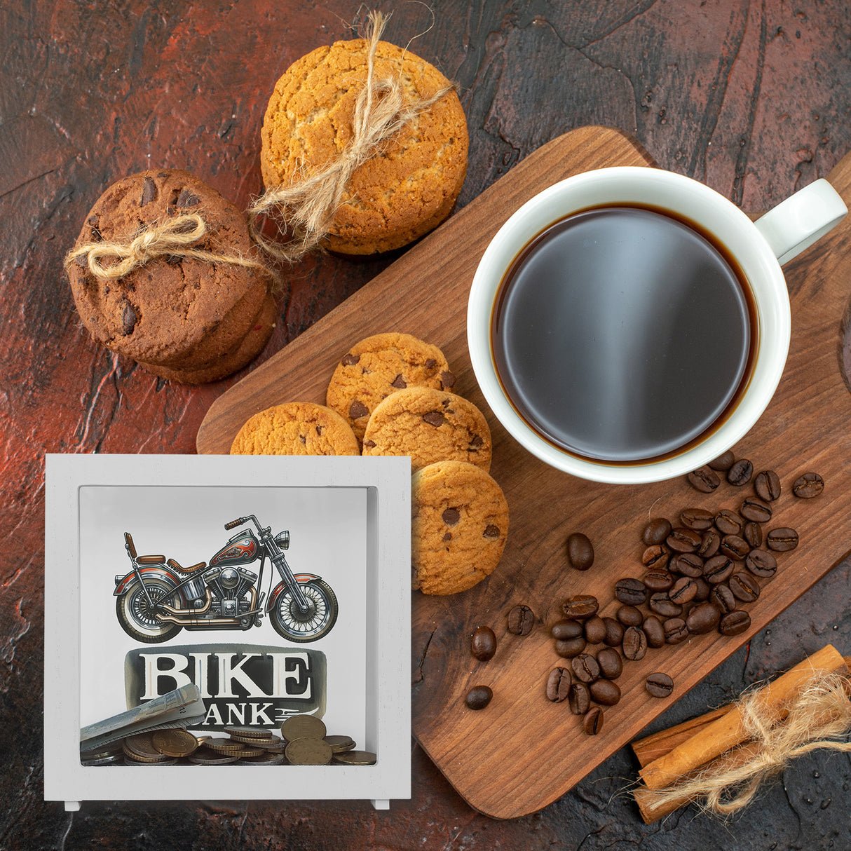 Retro Chopper Motorrad Spardose mit Spruch Bike Bank