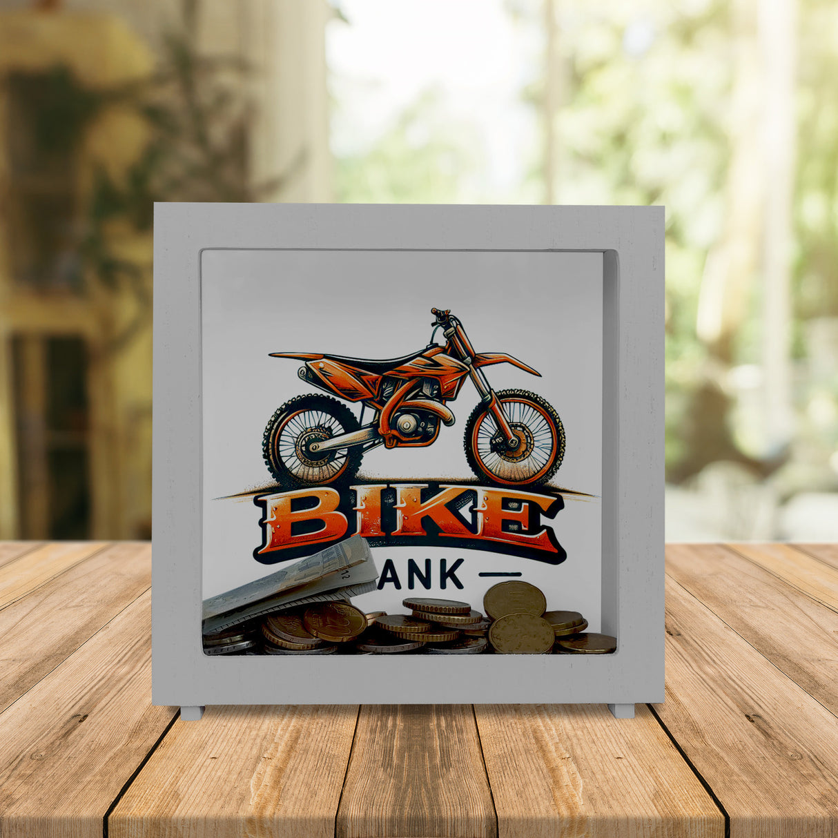 Motocross-Motorrad Spardose mit Spruch Bike Bank